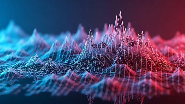 Abstract wireframe data visualization with glowing blue and red peaks