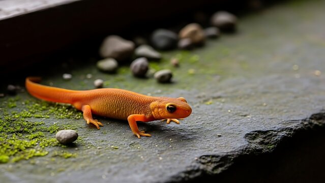 A vibrant red eft newt explores a mossy, rocky surface in its natural habitat. - Powered by Adobe