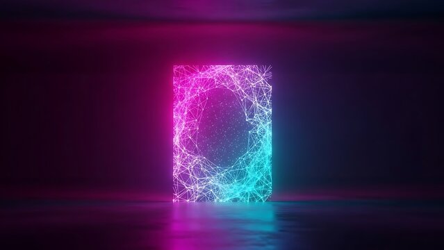 Vibrant neon portal glowing in a dark abstract space, representing digital connectivity.