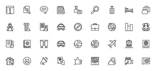 Travel icon set. Vector illustration. Minimal line ions pack. Includes symbolsfor airplane, passport, hoel, luggage, vacation, guie book, compass, tourist ad more.