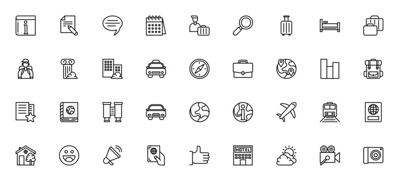 Travel icon set. Vector illustration. Minimal line ions pack. Includes symbolsfor airplane, passport, hoel, luggage, vacation, guie book, compass, tourist ad more.