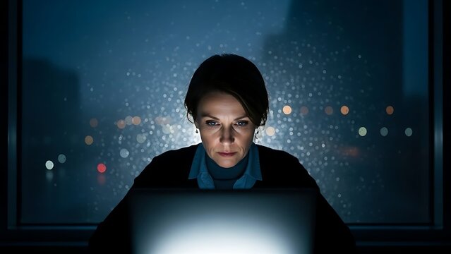Focused Woman Working Late at Night on Laptop with Screen Glow
