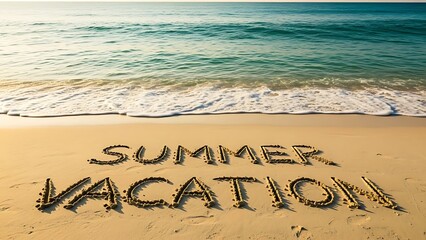 "Summer Vacation" text written in the golden sand on a beautiful beach with ocean waves.