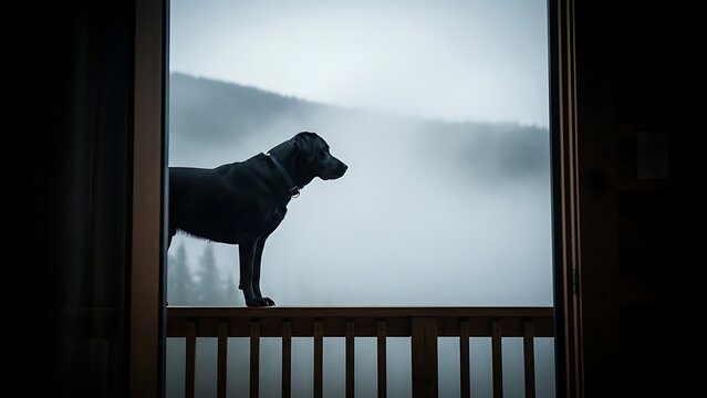 Black Labrador dog watches a foggy mountain landscape from a balcony