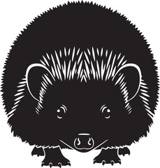 Cute black hedgehog illustration facing forward with spiky quills and friendly eyes, detailed vector graphic animal isolated.