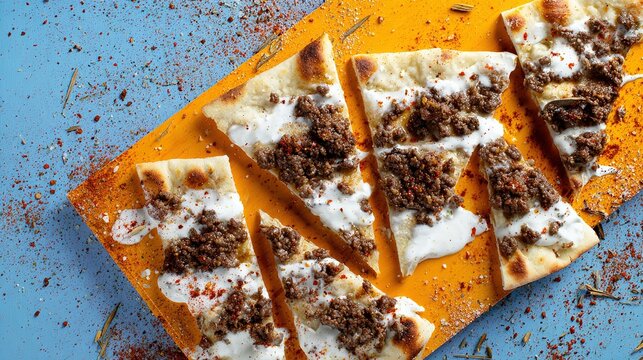 flatbread. Ground lamb flatbread drizzled with yogurt, featuring warm spices in an overhead view with professional food styling lighting. menu design.