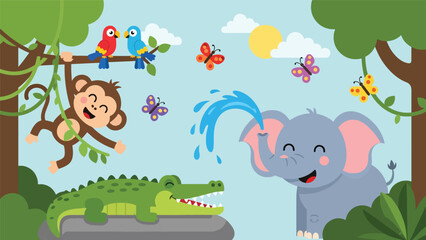 Fototapeta premium Flat style cute kids vector illustration of happy jungle animals near a waterfall including monkey, elephant, crocodile, and parrots. Ideal for children books, posters, and education themes