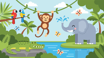 Fototapeta premium Flat style cute kids vector illustration of happy jungle animals near a waterfall including monkey, elephant, crocodile, and parrots. Ideal for children books, posters, and education themes