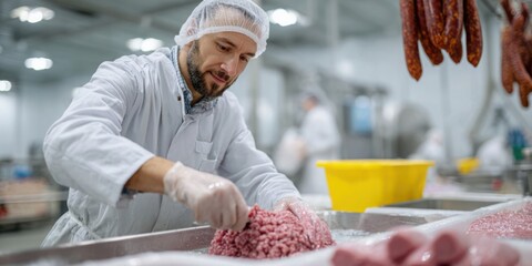 Male butcher in white coat and hairnet is skillfully preparing minced meat in a clean industrial kitchen, surrounded by various sausages and food processing equipment