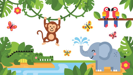Flat style cute kids vector illustration of happy jungle animals near a waterfall including monkey, elephant, crocodile, and parrots. Ideal for children books, posters, and education themes