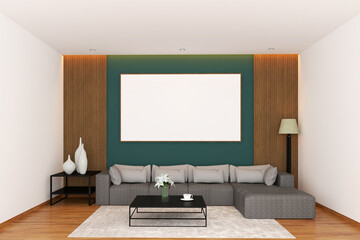 Modern Living Room Interior with Blank Horizontal Frame Mockup Green Wall Bakground. 1