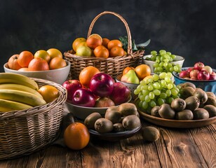 A vibrant studio shot displaying a bountiful assortment of fresh fruits, including apples, bananas, and grapes, arranged in baskets and bowls on a rustic wooden table