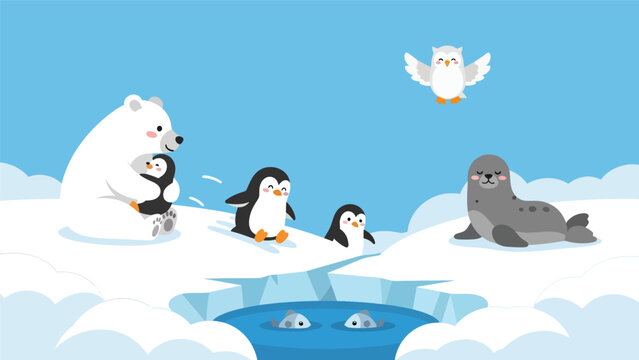 Flat cute kids vector featuring polar bear, penguins, seal, and snowy owl in a frozen winter habitat. Ideal for educational posters, flashcards, and playful winter content