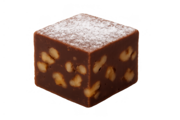 Chocolate fudge bar with walnuts and powdered sugar on transparent background, sweet dessert for holidays
