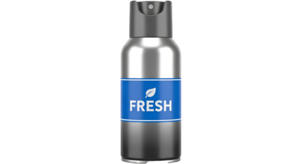 Modern sleek silver aerosol spray bottle with blue label displaying the word fresh