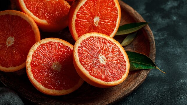 Juicy slices of fresh oranges arranged on a rustic wooden plate, showcasing their vibrant colors and textures, perfect for culinary and health-themed imagery in your collection.