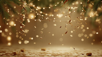 Festive Backdrop: Warm gold confetti and soft, shimmering lights cascade down, creating a dreamy, celebratory scene, with hints of holiday decor, perfect for festive events.