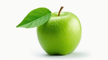 A single fresh green Granny Smith apple with a leaf and water drops isolated on a clean white background.