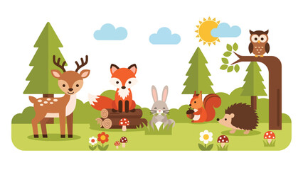 Fototapeta premium Flat cute kids vector meadow scene with deer, fox, rabbit, squirrel, owl, and hedgehog surrounded by flowers. Great for nursery decor, preschool content, and children design
