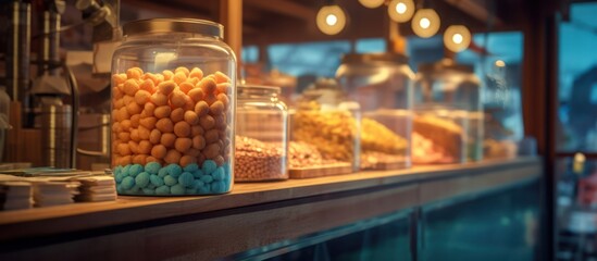 A shelf of jars filled with colorful candies and treats in a cozy cafe setting.