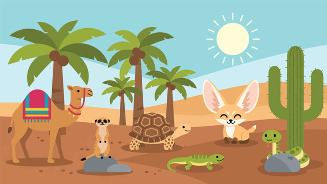 Flat style cute kids vector desert scene with camel, meerkat, tortoise, lizard, fennec fox, and cactus near an oasis. Perfect for learning materials and travel-themed kids artwork