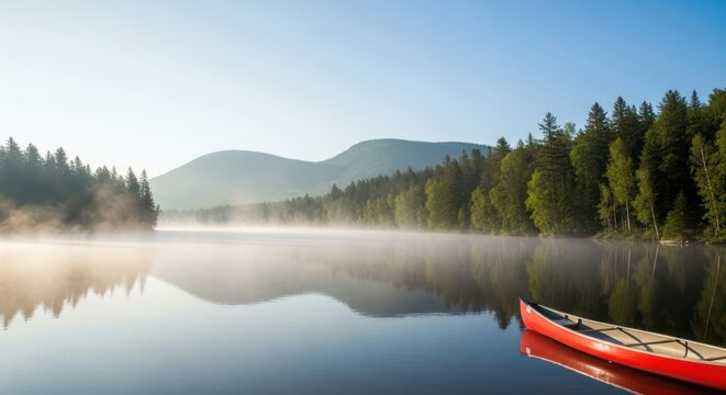Misty lake scene with red canoe reflecting forest and mountains on tranquil morning