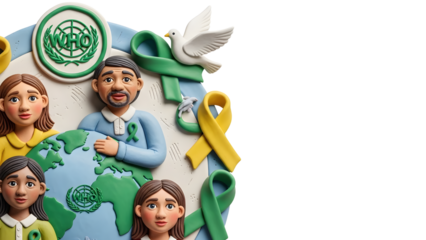 World Health Organization concept with diverse people, blue and yellow awareness ribbons, peace dove and globe, ideal for global health campaigns