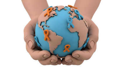 Hands holding a globe with orange and blue awareness ribbons symbolizing global health and support for multiple causes