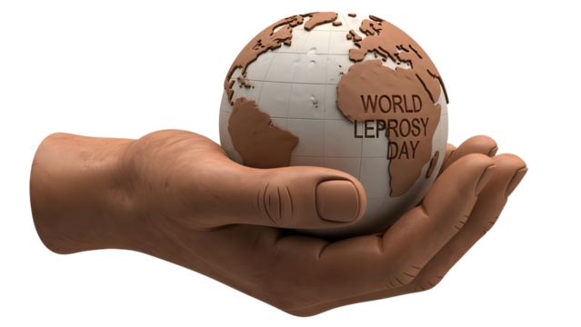 Hand holding a small globe with highlighted continents and text World Leprosy Day, awareness concept perfect for health campaigns