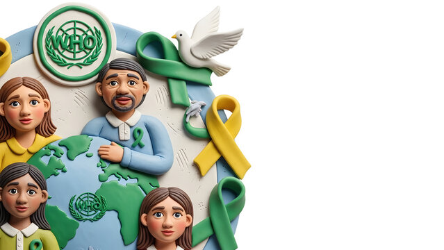World Health Organization concept with diverse people, blue and yellow awareness ribbons, peace dove and globe, ideal for global health campaigns