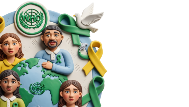 World Health Organization concept with diverse people, blue and yellow awareness ribbons, peace dove and globe, ideal for global health campaigns