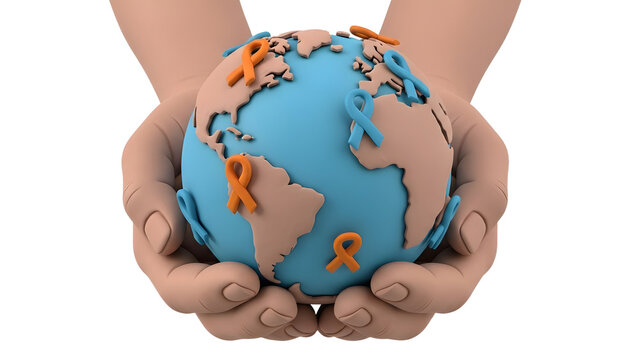 Hands holding a globe with orange and blue awareness ribbons symbolizing global health and support for multiple causes