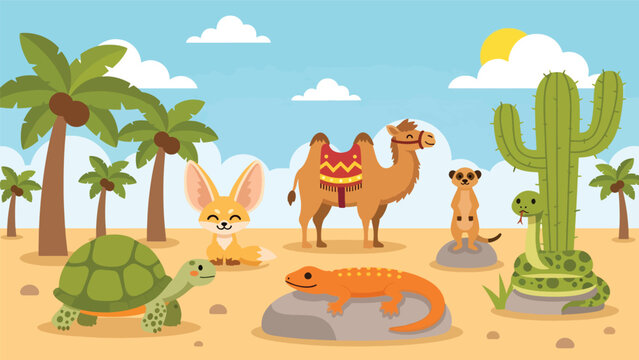 Flat style cute kids vector desert scene with camel, meerkat, tortoise, lizard, fennec fox, and cactus near an oasis. Perfect for learning materials and travel-themed kids artwork