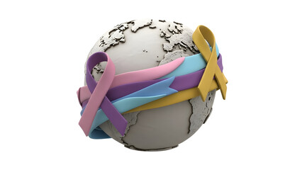 3D globe with multicolor awareness ribbons representing various causes and support, ideal for health and social campaigns
