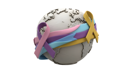 3D globe with multicolor awareness ribbons representing various causes and support, ideal for health and social campaigns