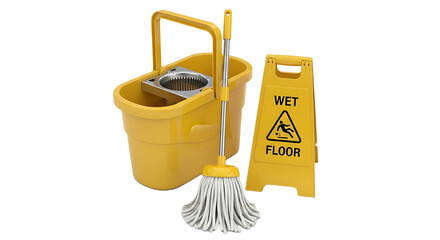 Yellow mop bucket with wringer and wet floor sign for cleaning and safety