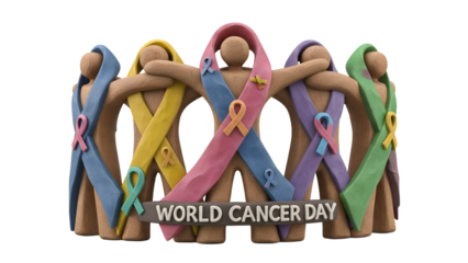 Wooden figurines holding colorful awareness ribbons representing World Cancer Day, symbolizing unity and support in cancer awareness campaigns