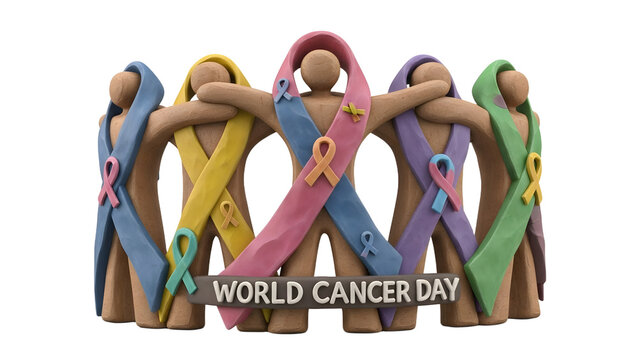 Wooden figurines holding colorful awareness ribbons representing World Cancer Day, symbolizing unity and support in cancer awareness campaigns