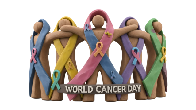 Wooden figurines holding colorful awareness ribbons representing World Cancer Day, symbolizing unity and support in cancer awareness campaigns