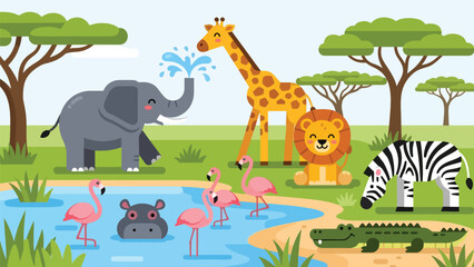 Fototapeta premium Flat cute kids vector safari scene with giraffe, elephant, lion, hippo, zebra, and flamingos around a watering hole. Ideal for nursery decor and early learning materials