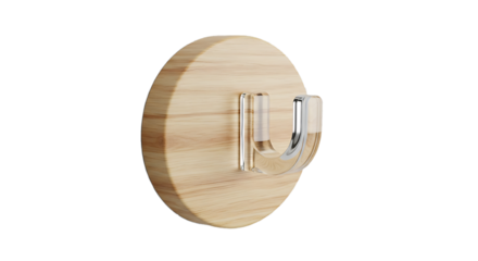 Close up of a round wooden disc with a metal hook attached for hanging items