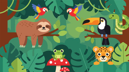 Obraz premium Flat cute kids vector rainforest scene with sloth, toucan, jaguar cub, parrots, and tree frog surrounded by large tropical leaves. Ideal for playful educational content