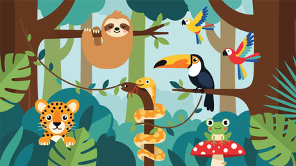 Obraz premium Flat cute kids vector rainforest scene with sloth, toucan, jaguar cub, parrots, and tree frog surrounded by large tropical leaves. Ideal for playful educational content