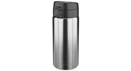 Sleek stainless steel insulated travel tumbler with black flip top lid on black background