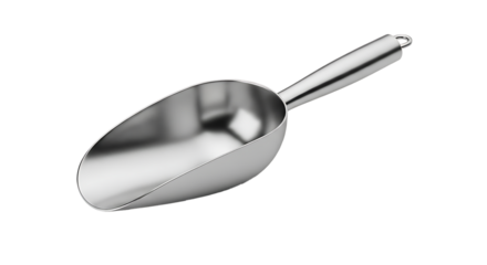 Shiny metal ice scoop with handle isolated on a deep black background