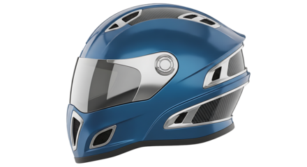 Sleek metallic blue full face motorcycle helmet with clear visor and ventilation details