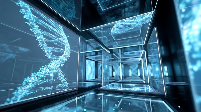 Futuristic digital corridor showcasing DNA strands in transparent cubes, highlighting advanced technology