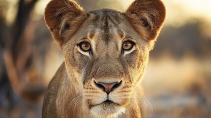Obraz premium ferocity. Lioness with a focused gaze and detailed fur, bathed in golden savanna light with a natural habitat backdrop. wildlife magazines.