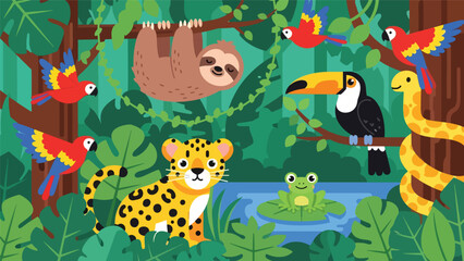 Obraz premium Flat cute kids vector rainforest scene with sloth, toucan, jaguar cub, parrots, and tree frog surrounded by large tropical leaves. Ideal for playful educational content