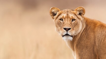 Obraz premium ferocity. Lioness with a focused gaze and detailed fur, bathed in golden savanna light with a natural habitat backdrop. wildlife magazines.